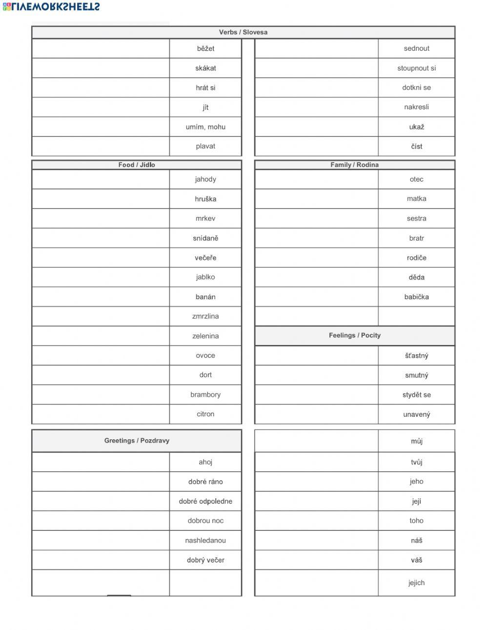 Vocabulary - level A - czech