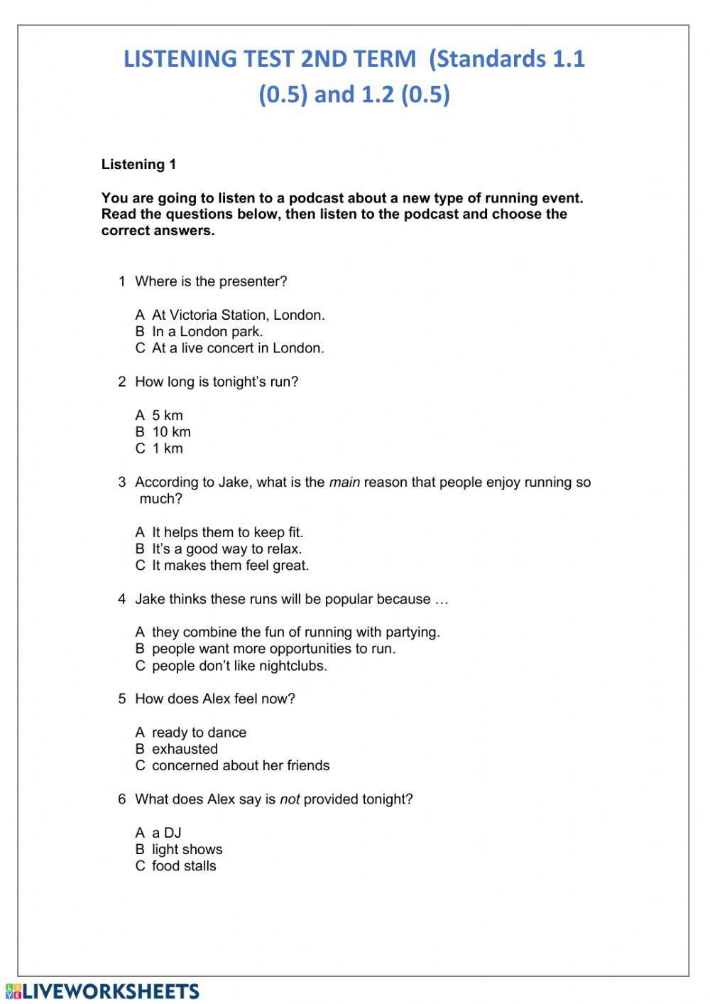 Listening test 1bachillerato (2ND TERM)