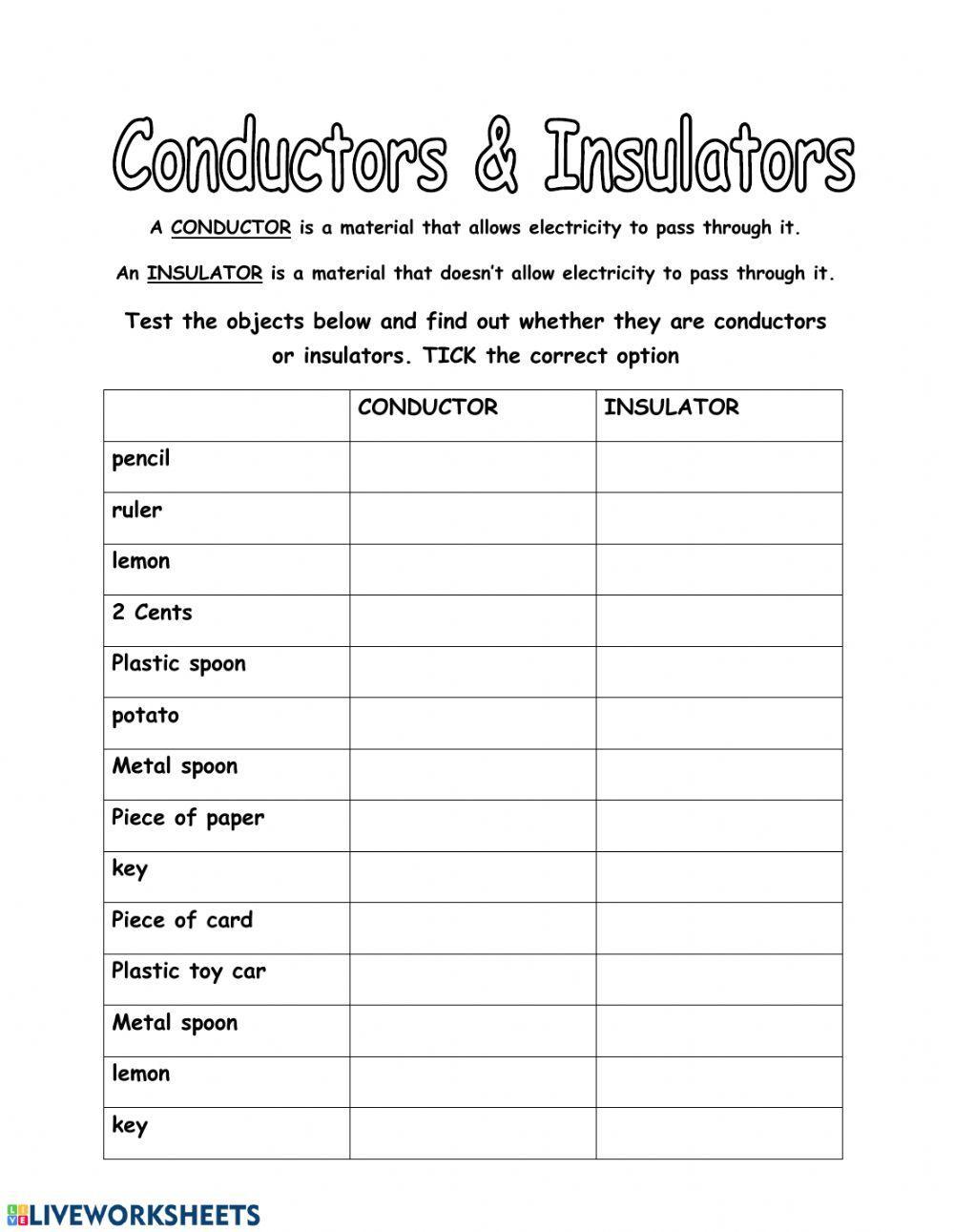 Conductor And Insulator Worksheet Conductor And Insulator Worksheet