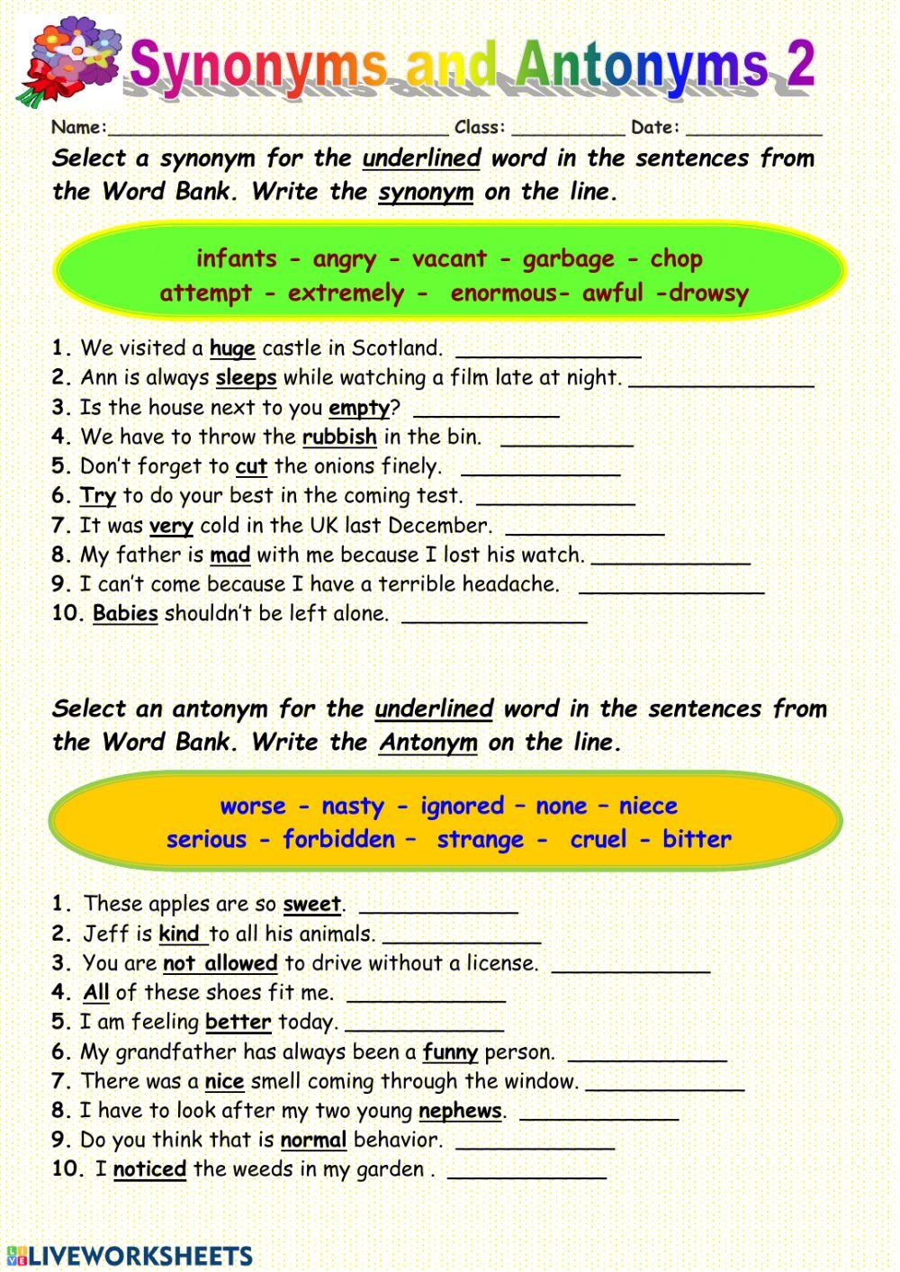 SYNONYMS VS ANTONYMS 2 Online Exercise For Live Worksheets synonyms-vs-antonyms-2-online-exercise-for-live-worksheets