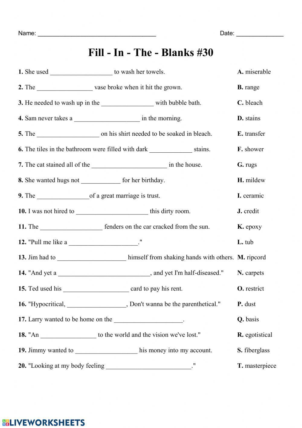 Fill in the blanks -30 worksheet | Live Worksheets Fill in the blanks -30 worksheet | Live Worksheets