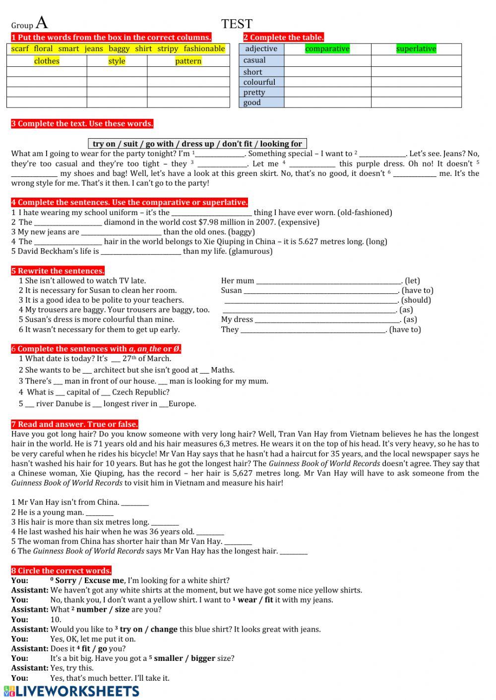 Test for 7th grade April 2020