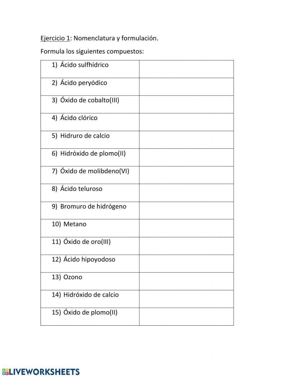 Nomenclatura química - ejercicios