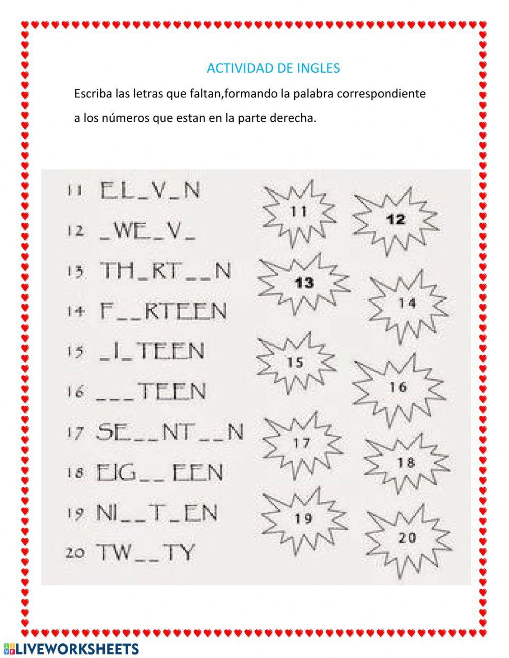 Los numeros del 11 al 20