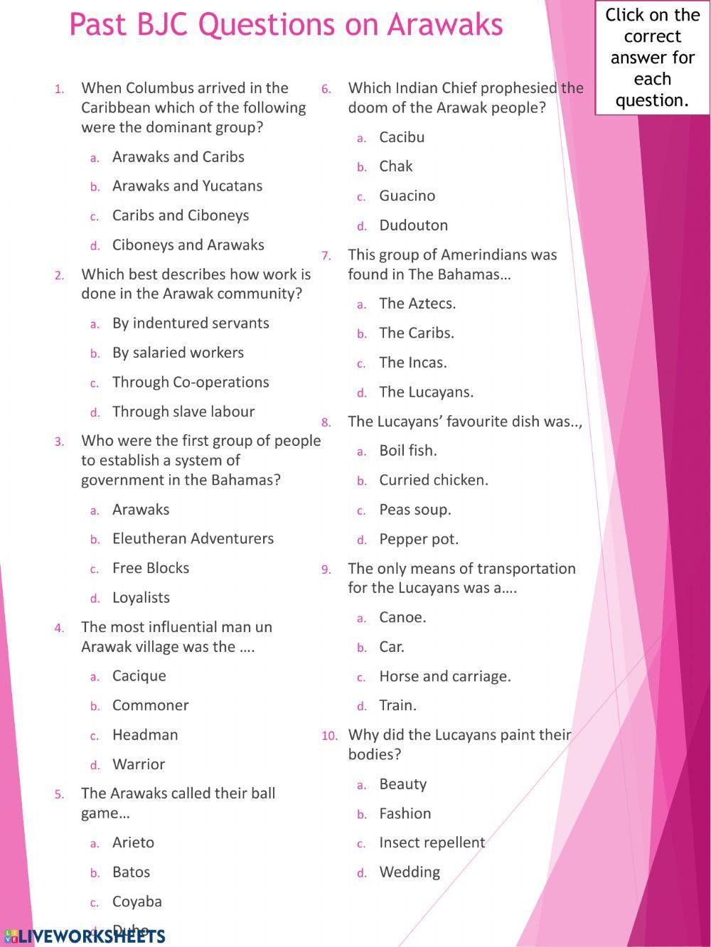Arawak Multiple Choice Worksheet 1