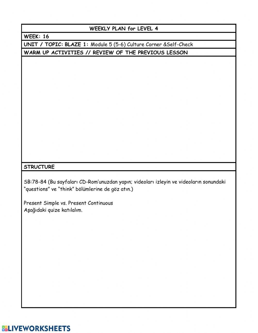 Level 4 Week 16 weekly plan