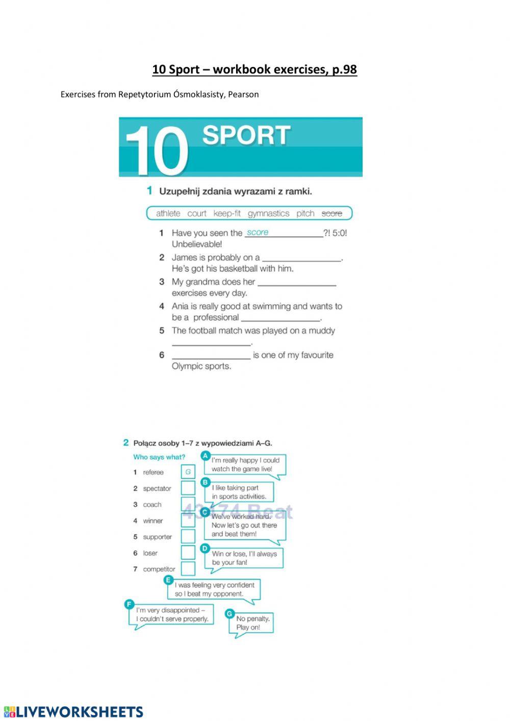 E8 Sport - workbook exercises p98