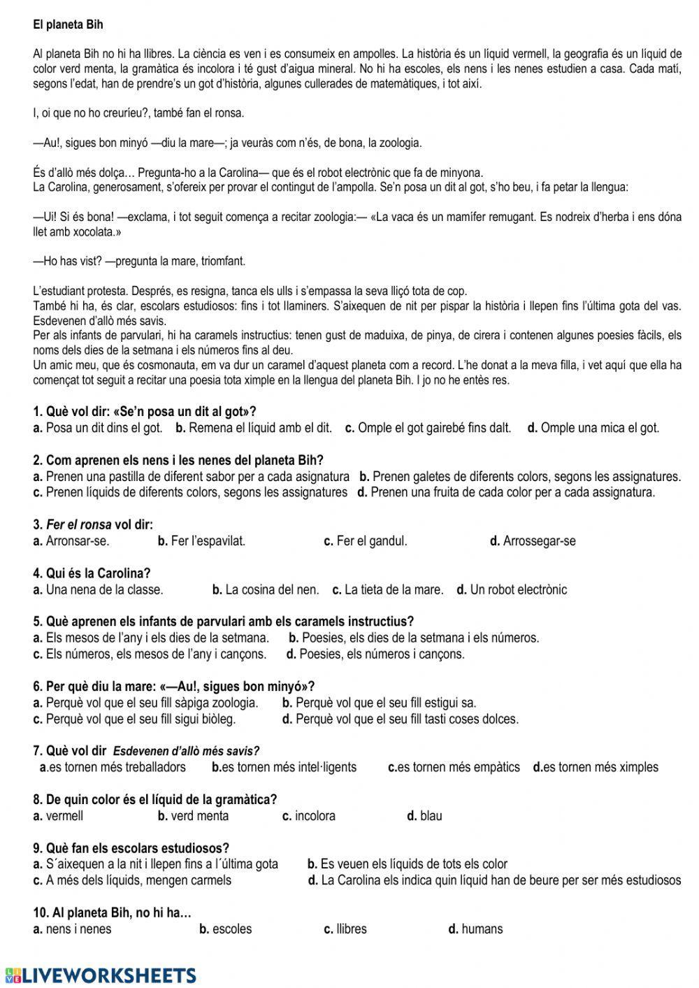 Comprensió lectora PLANETA BIH