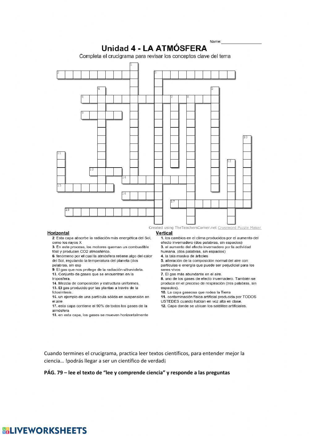Crucigrama La atmósfera