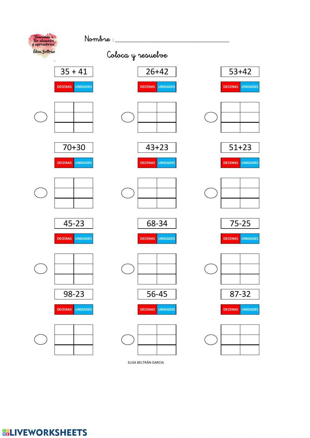Sumar y restar decenas sin llevar