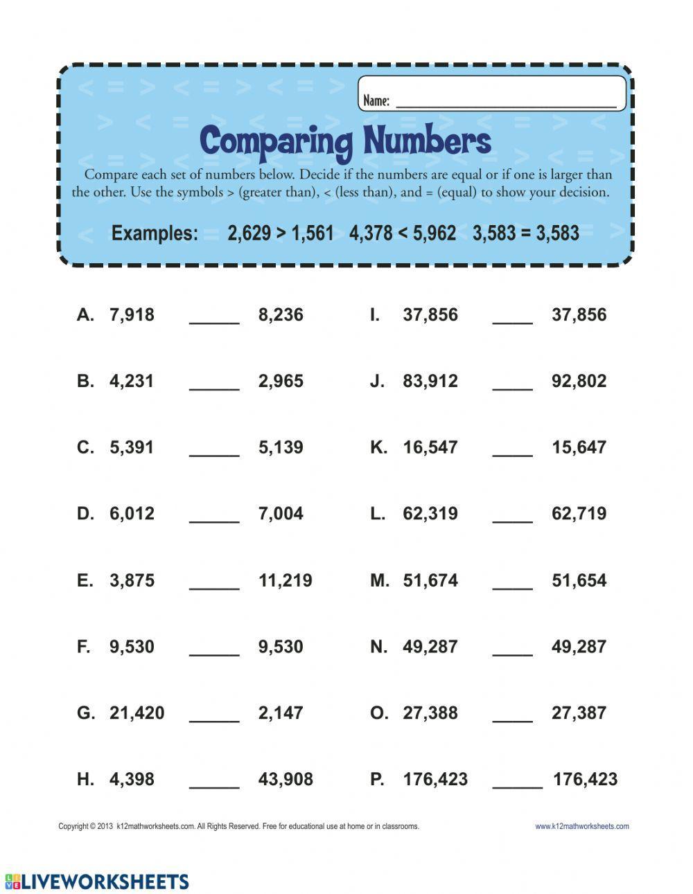 Comparing Numbers using symbols