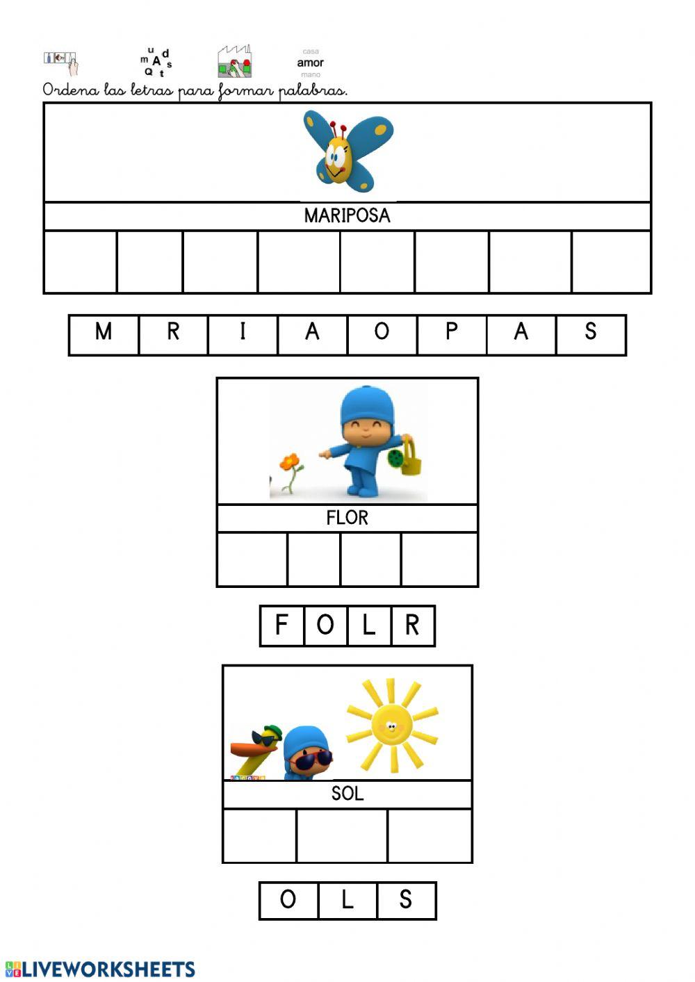 Coloca las letras para formar palabras