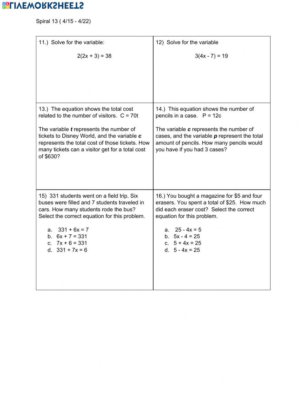 Spiral 13 worksheet | Live Worksheets