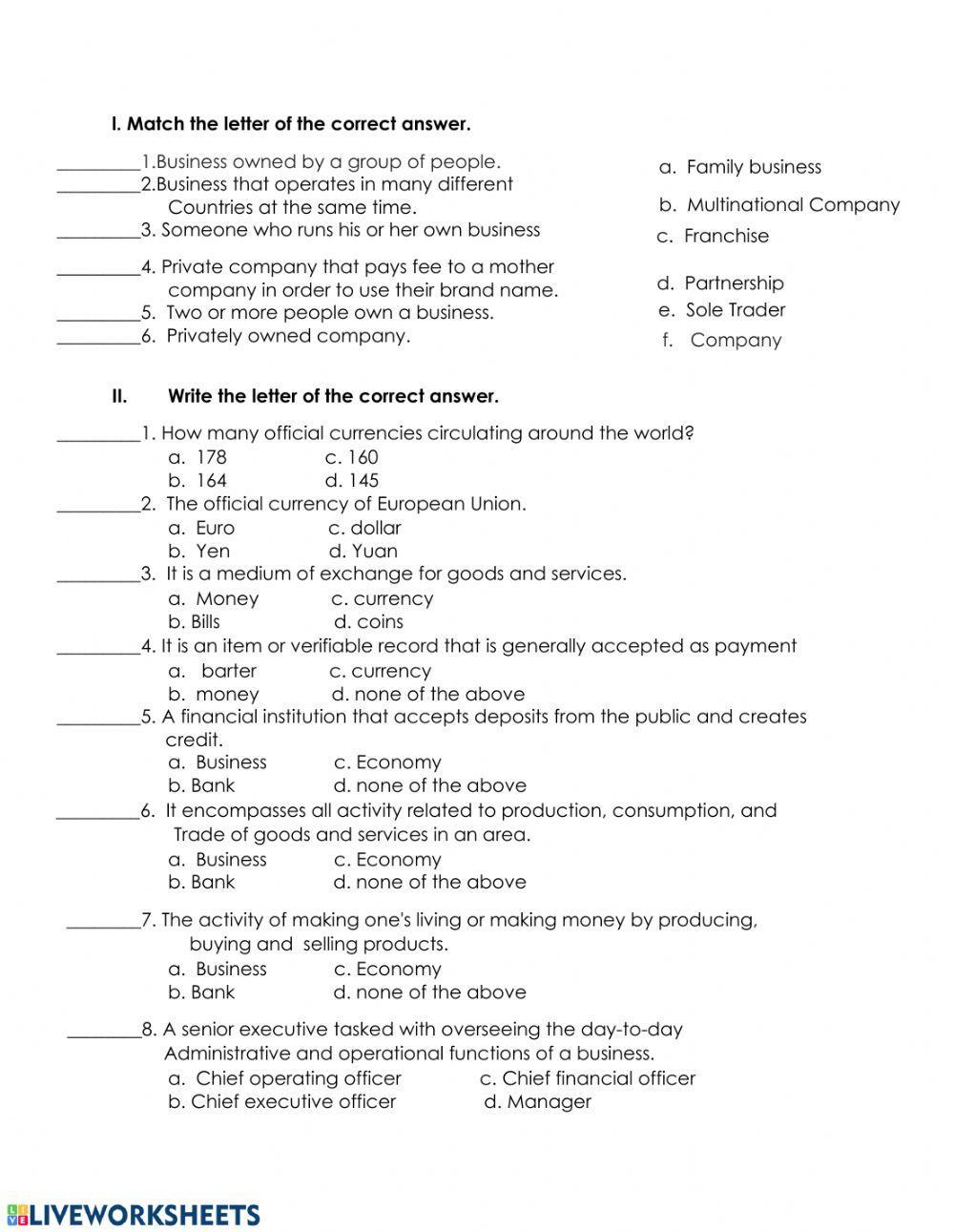 Money and Business worksheet Live Worksheets