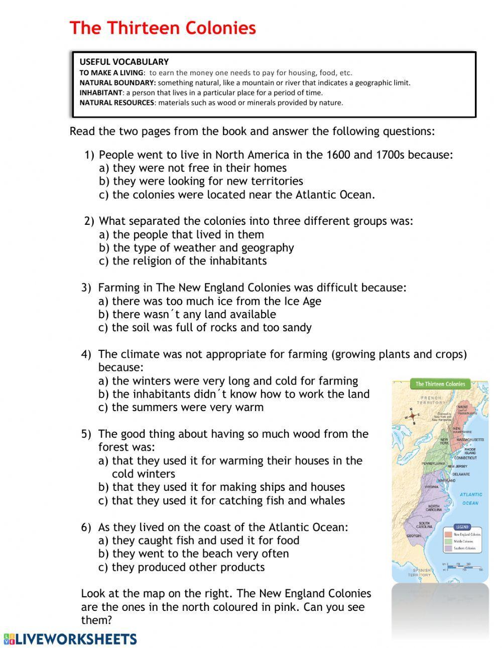 The thirteen colonies worksheet Live Worksheets