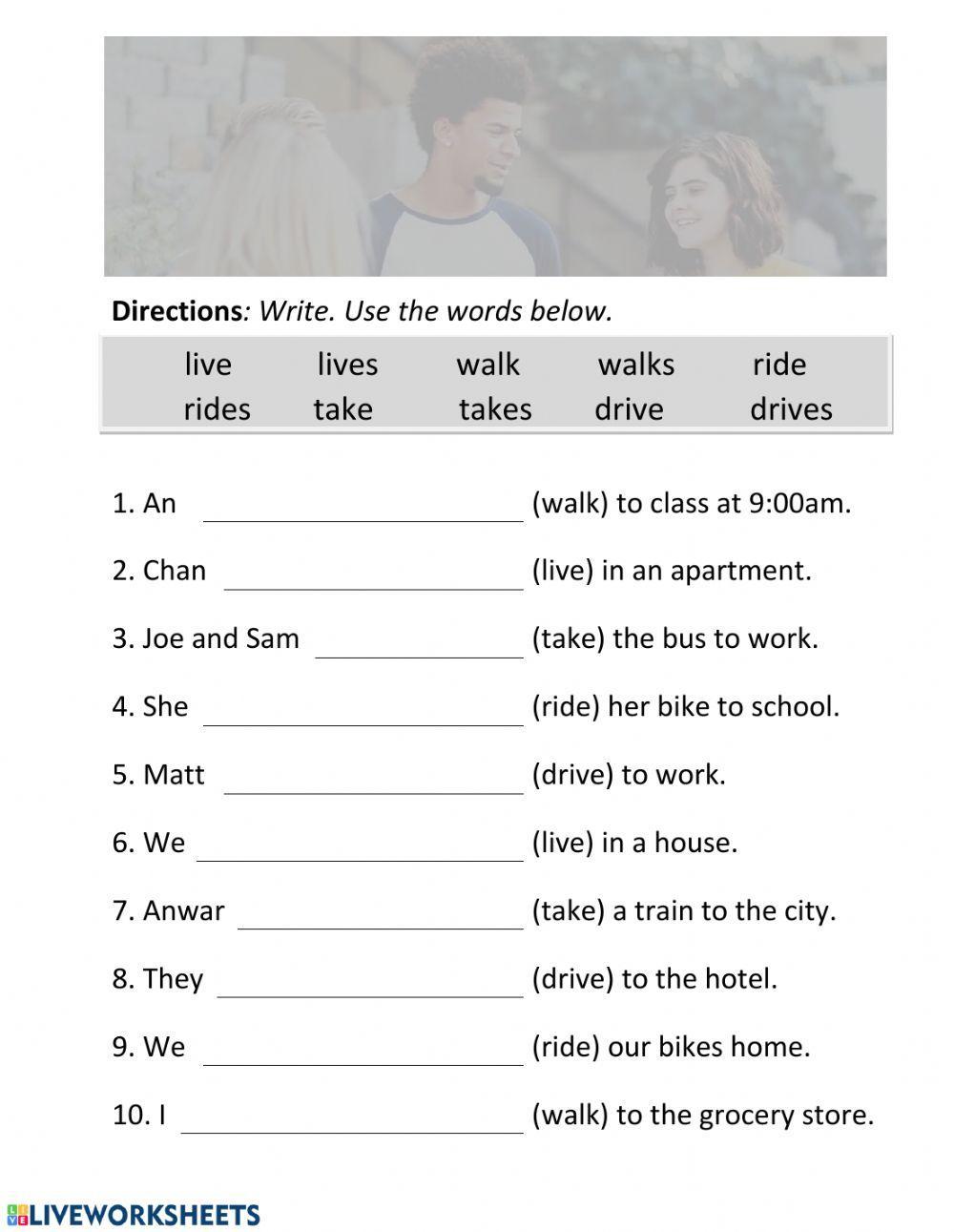 Simple Present Ride Walk Live Take Drive