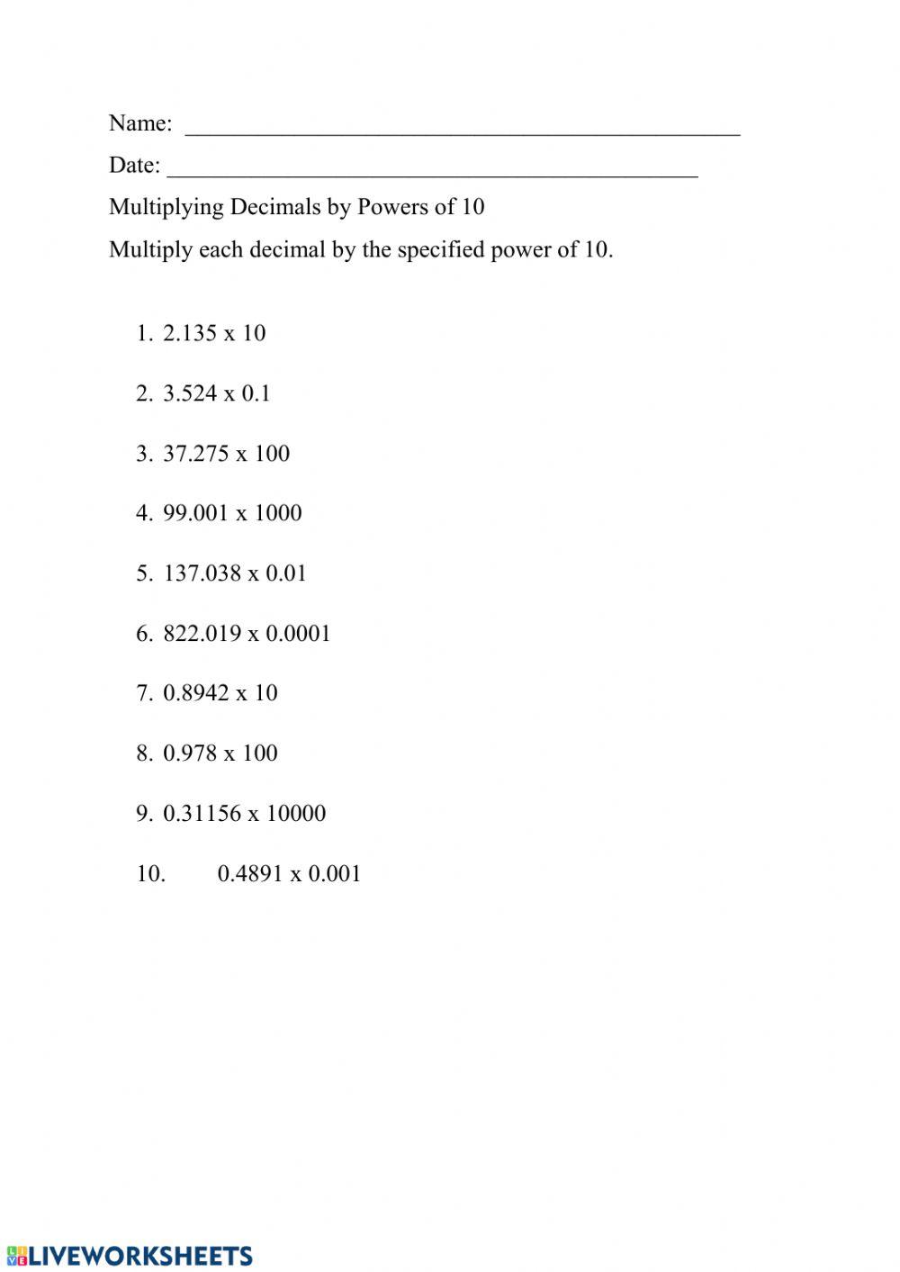 Multiplying Decimals by Powers of 10 online exercise for Live Worksheets