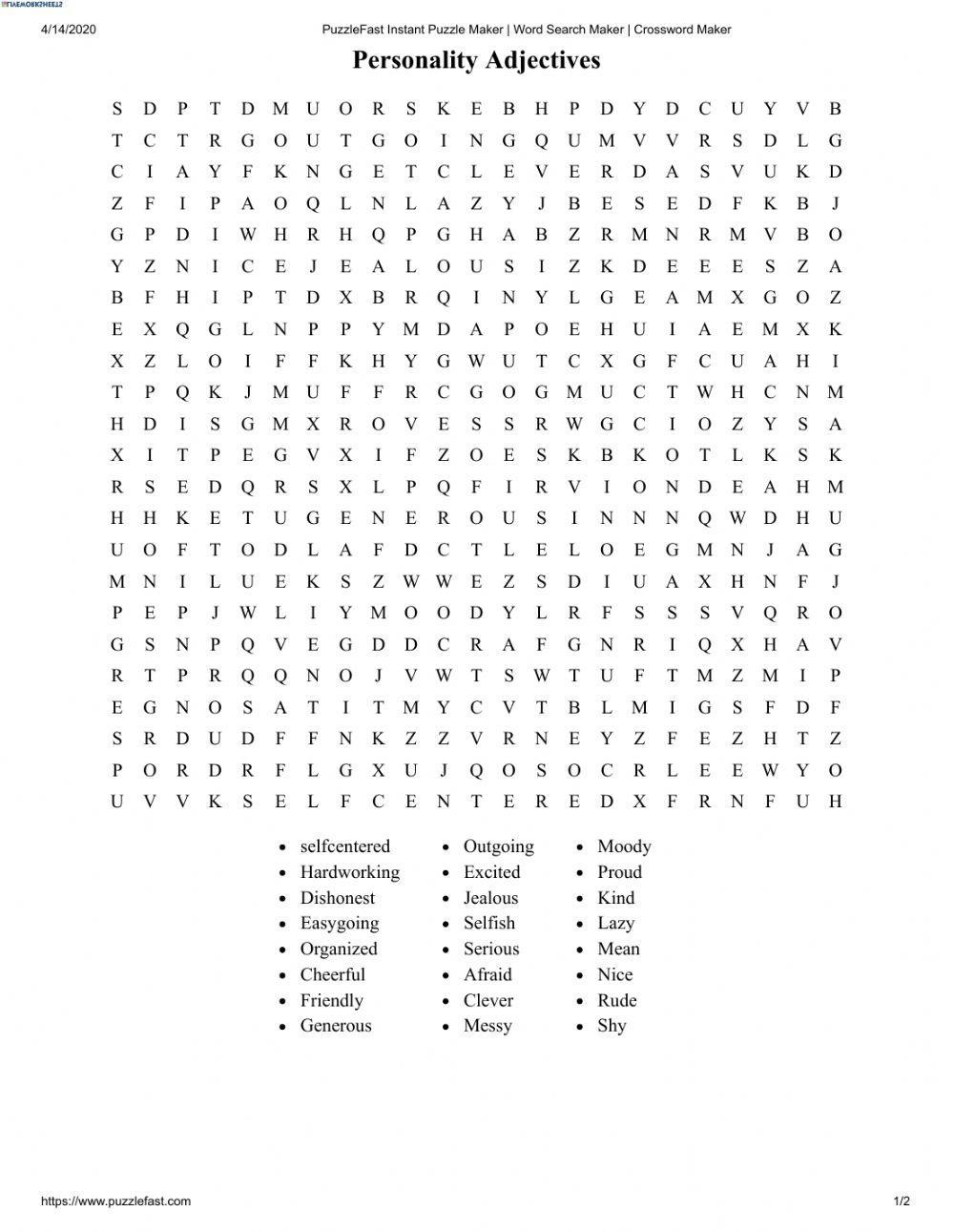 Personality Adjectives Word search Puzzle
