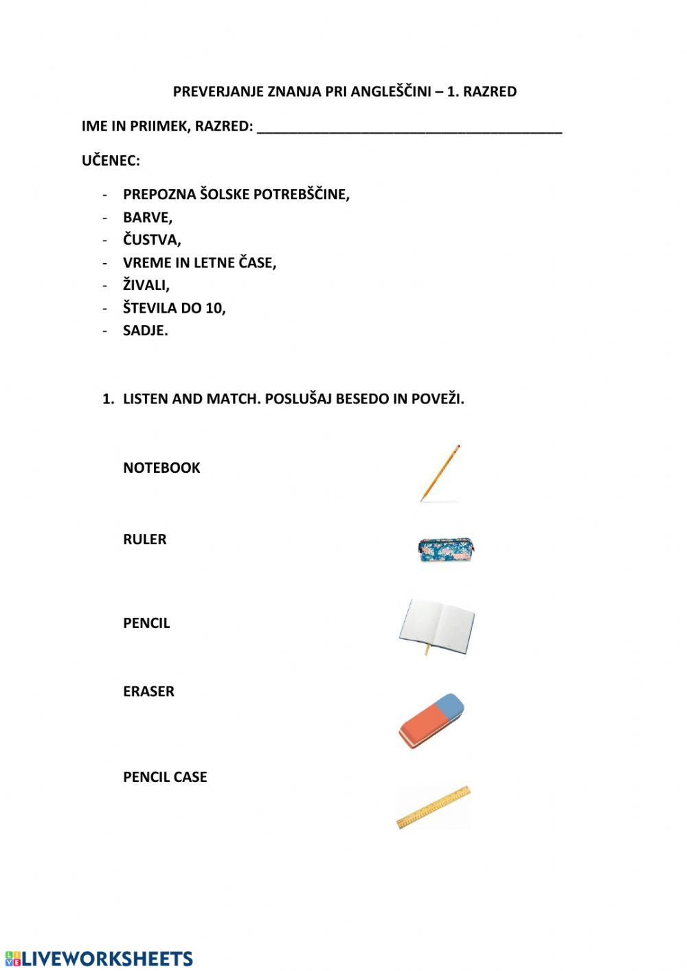 Preverjanje znanja pri angleščini v 1. razredu
