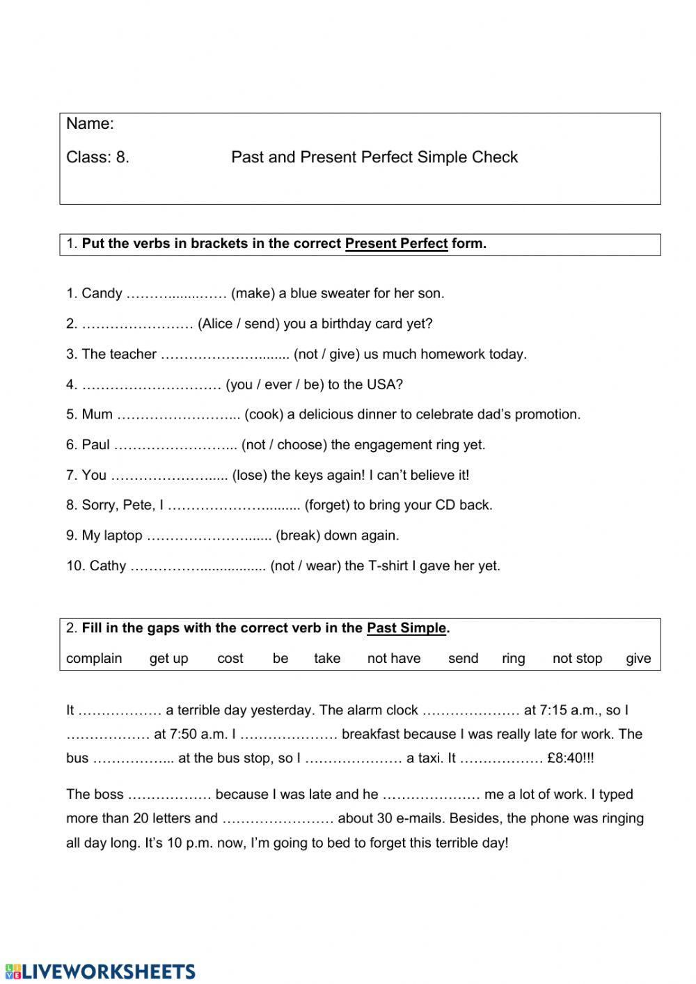 Past Simple and Present Perfect check worksheet | Live Worksheets