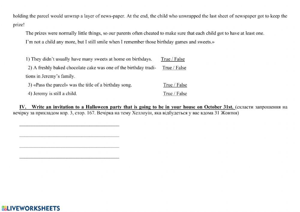 Test in Writing (the 5th form) Topic “Holidays”