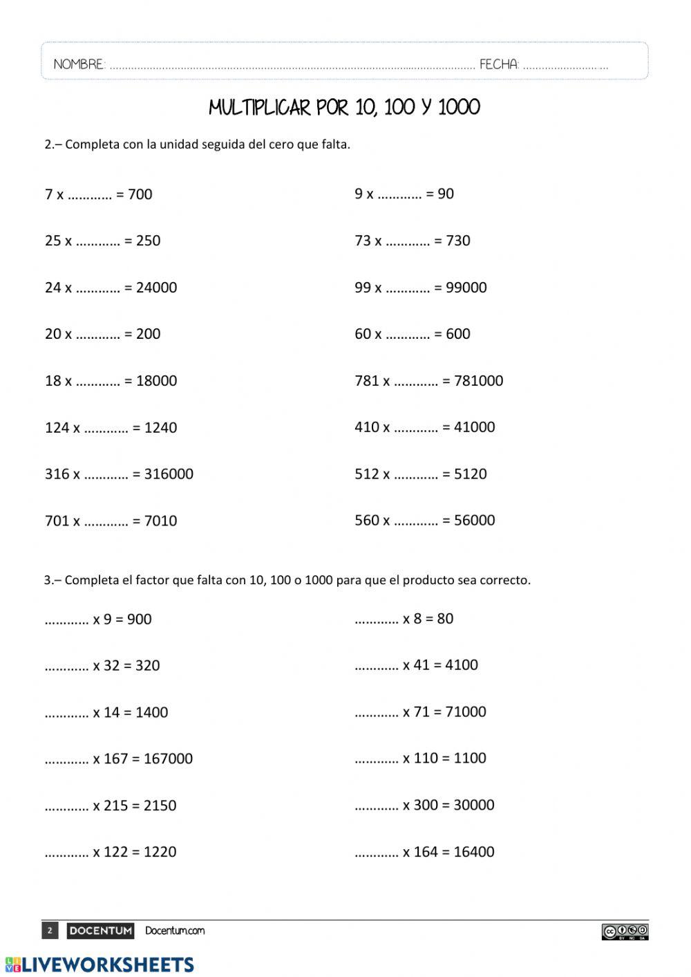 MULTIPICACIONES POR 10, POR 100 Y POR 1000