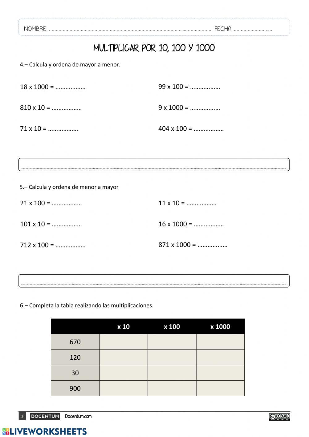 MULTIPICACIONES POR 10, POR 100 Y POR 1000