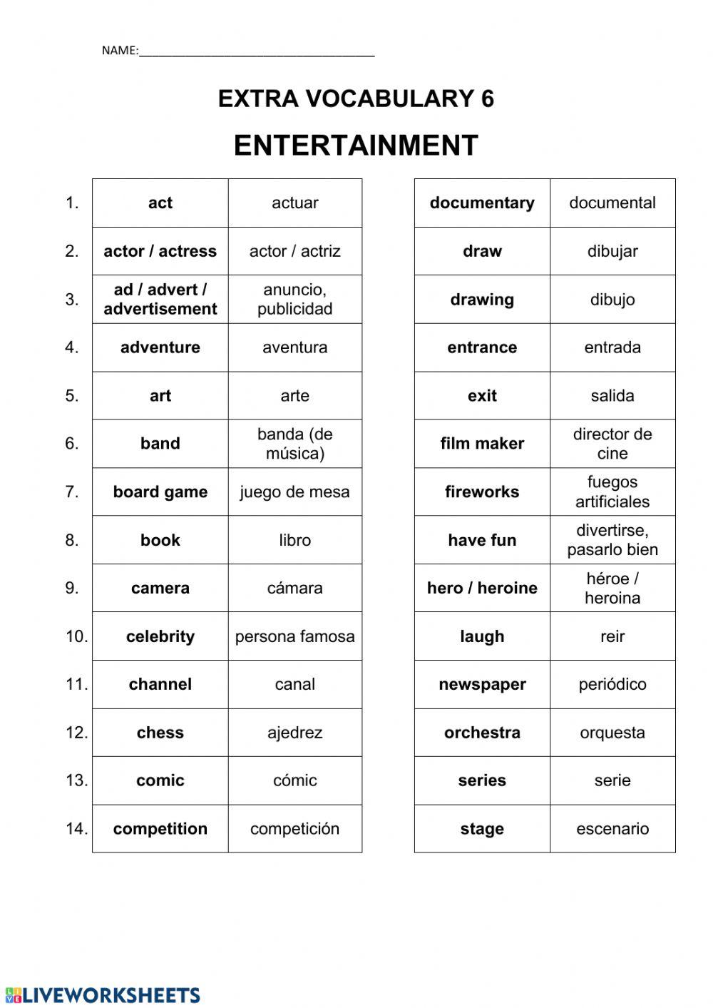 Extra vocabulary 6 - Entertainment