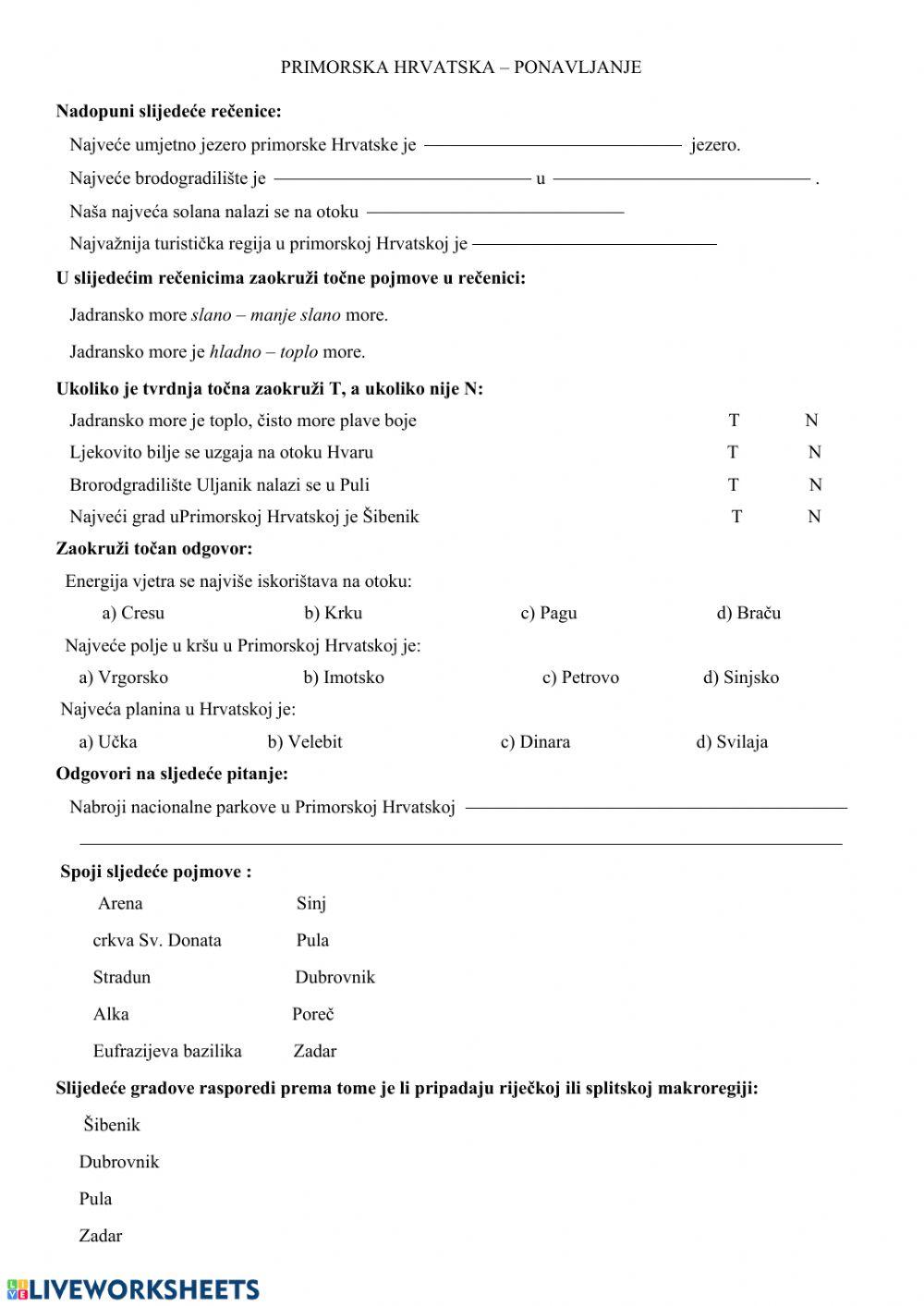 Primorska Hrvatska, ponavljanje za PP