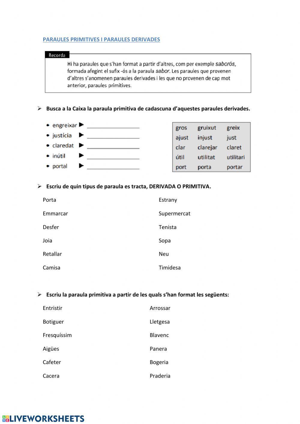 Gènere i nombre - paraules primitives i derivades 1