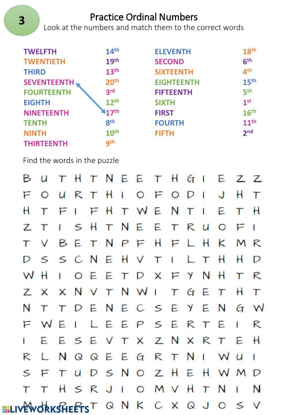 Ordinal numbers word search