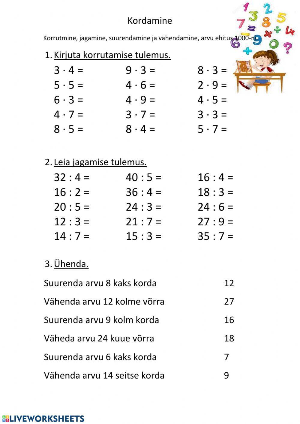 Kordamine - korrutamine, jagamine, arvu ehitus 1000-ni