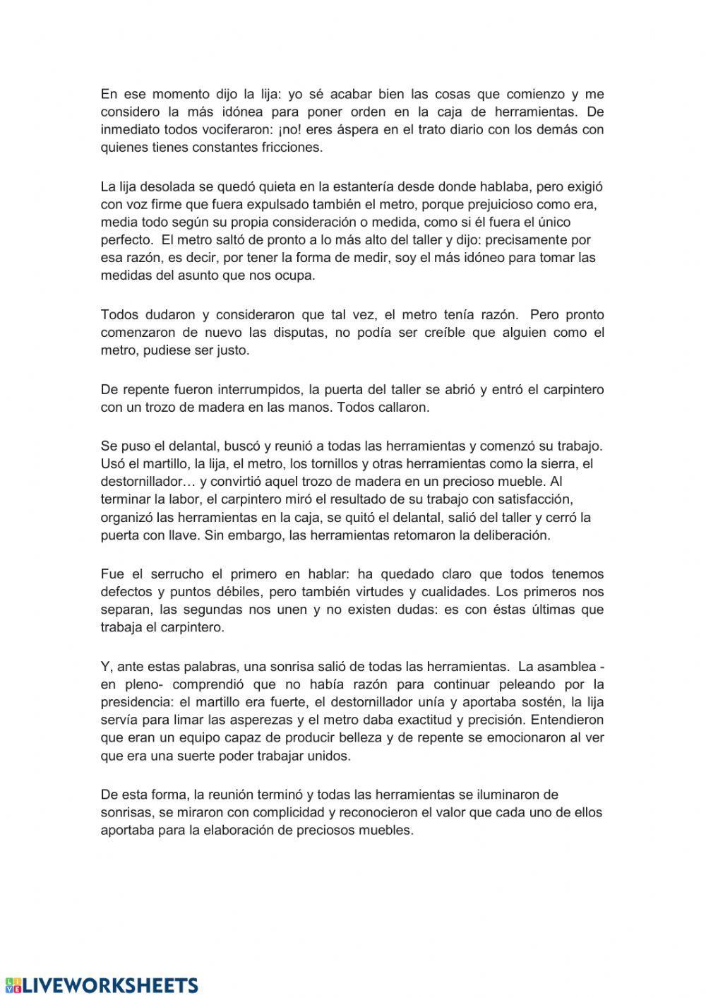 Cuento de valores. asamblea en la carpintería.