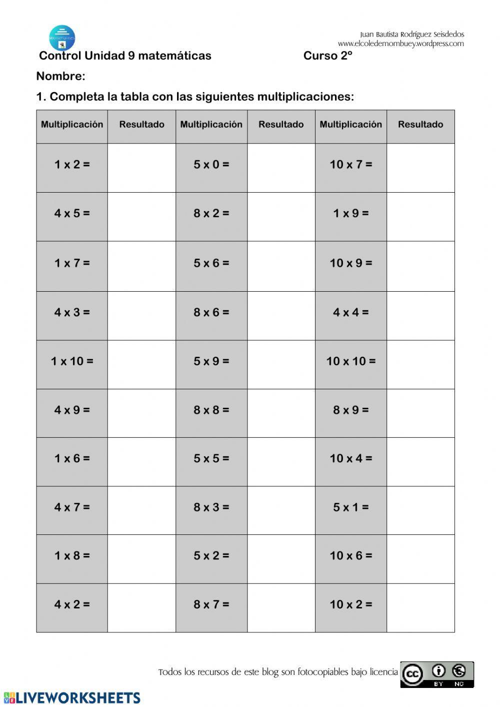 Control matemáticas U.9 2º Primaria