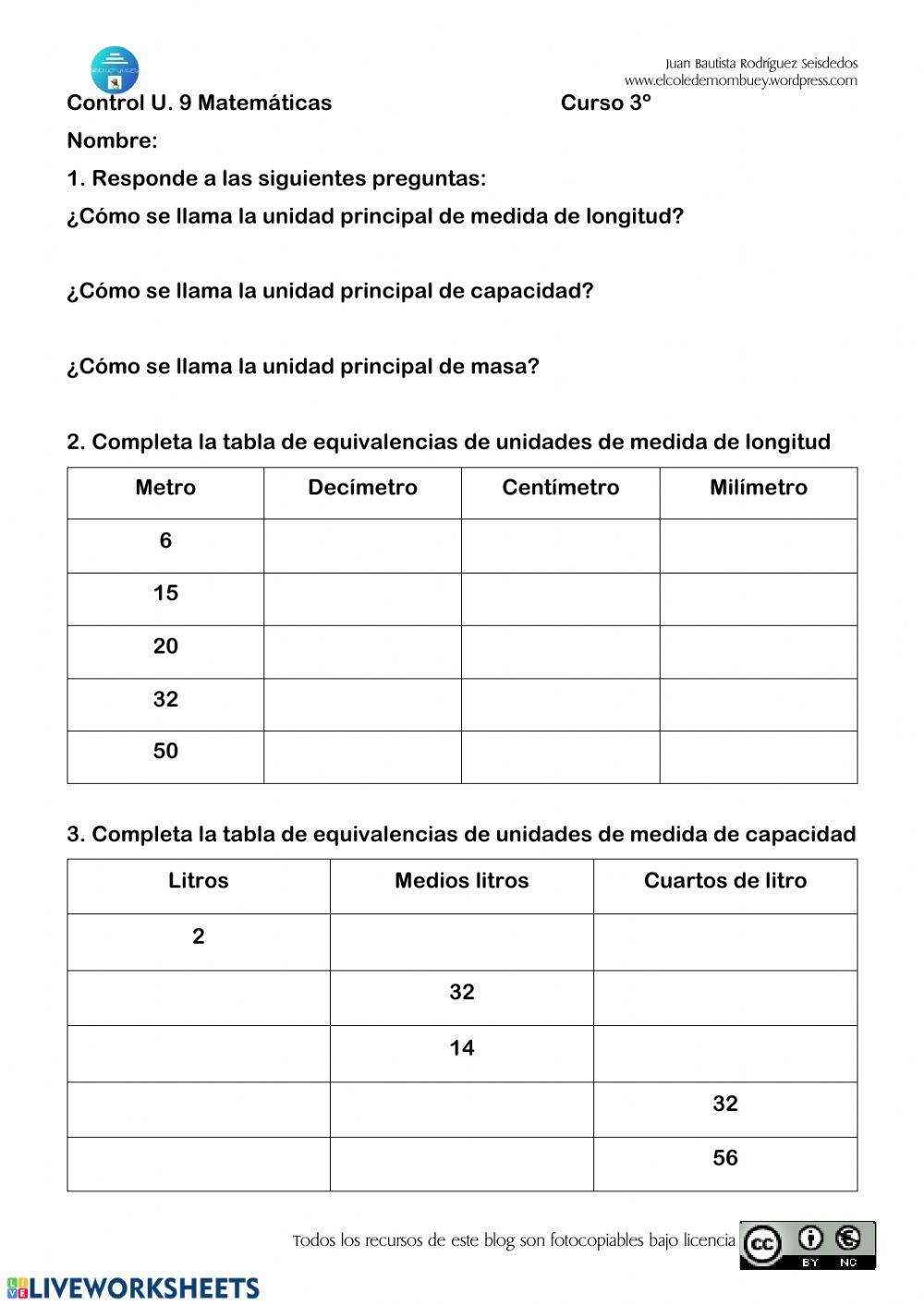 Control de Matemáticas U.9 3º