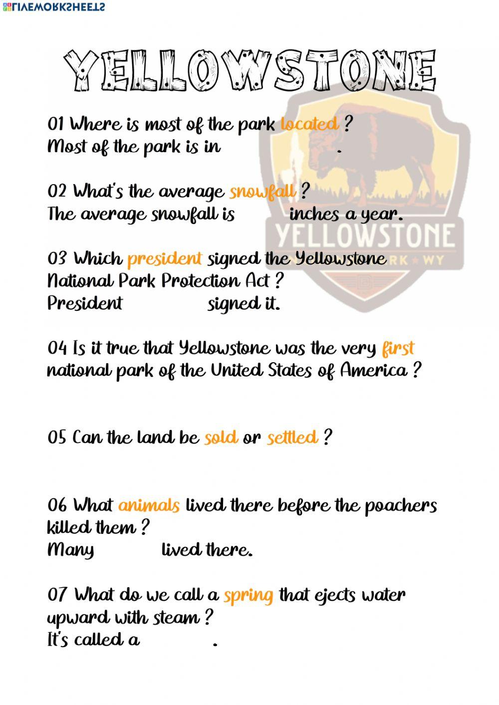 Yellowstone worksheet Live Worksheets