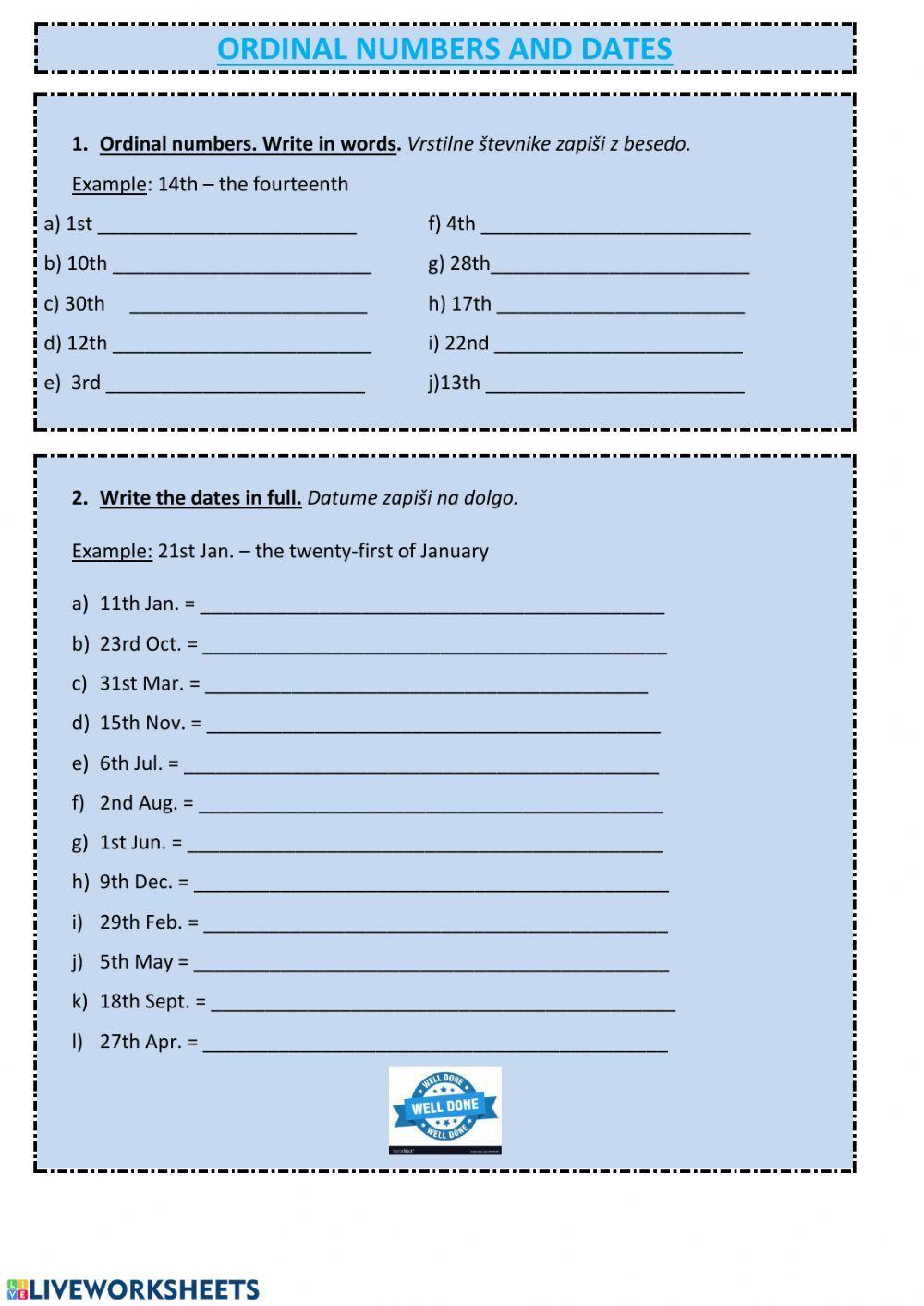 Ordinal numbers and dates Ordinal numbers and dates