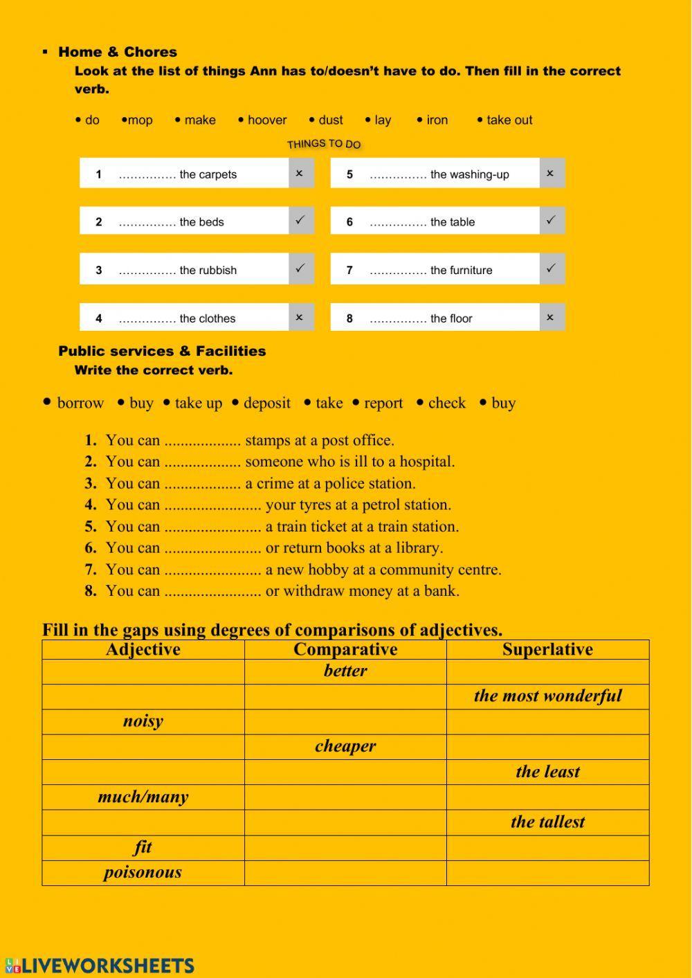 Home and chores vocabulary, dergrees of comparison of adjectives