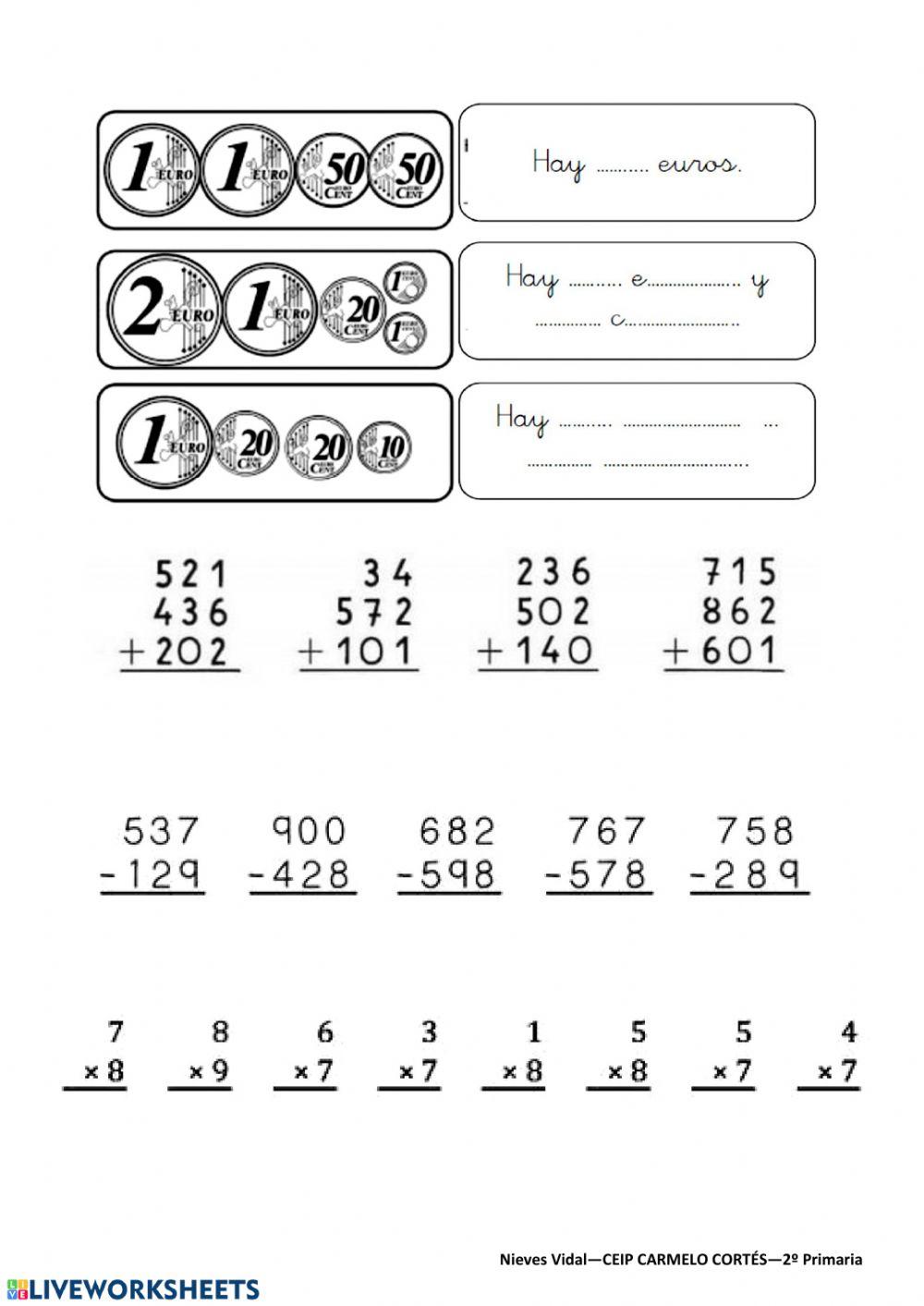 Monedas, suma y resta con llevada, multiplicación