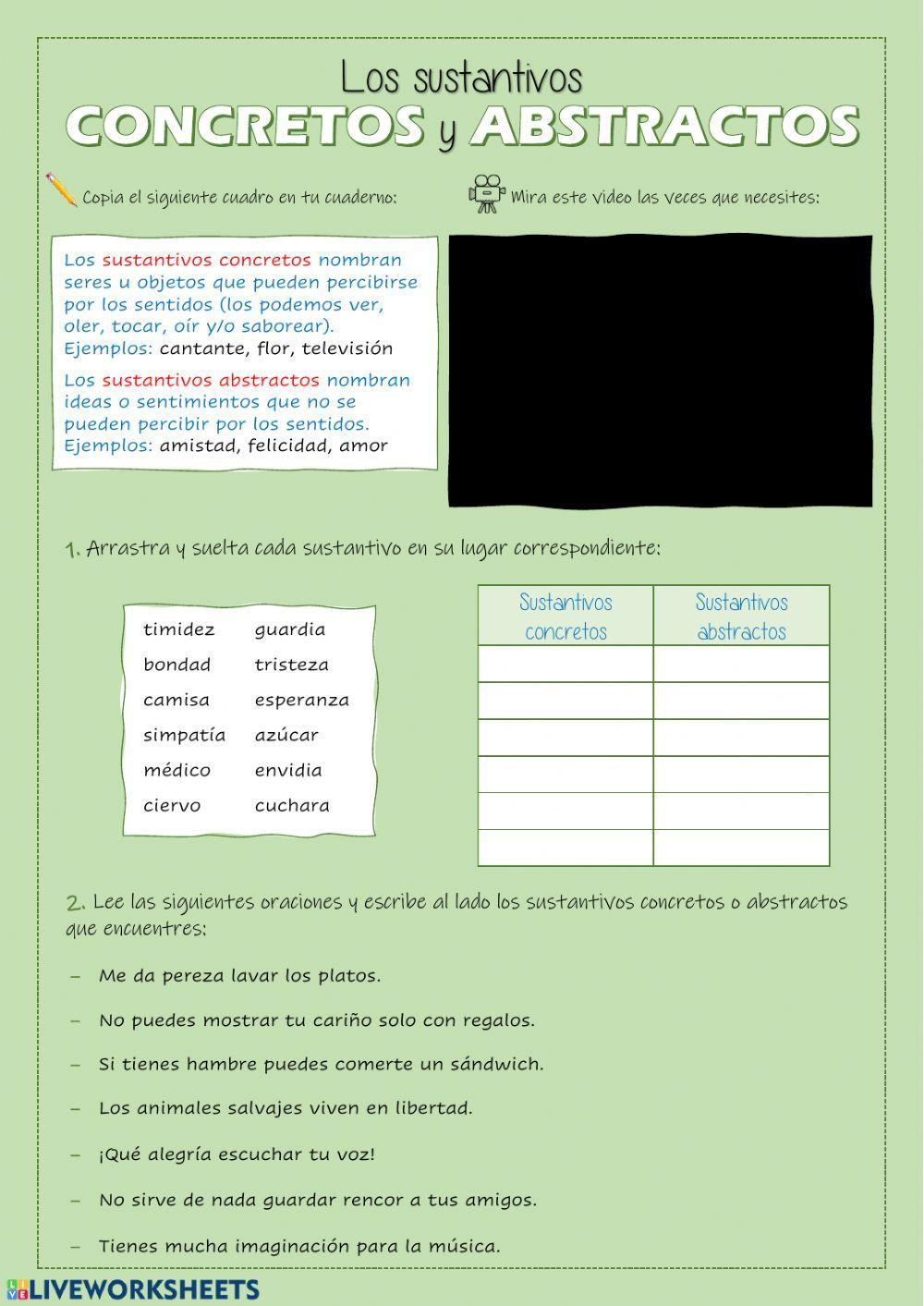 Sustantivos comunes y propios Ejercicios de sustantivos, Recursos de enseñanza de español, Sustantivos concretos y abstractos