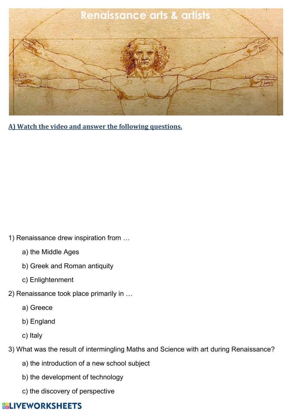 Renaissance arts and artists worksheet | Live Worksheets