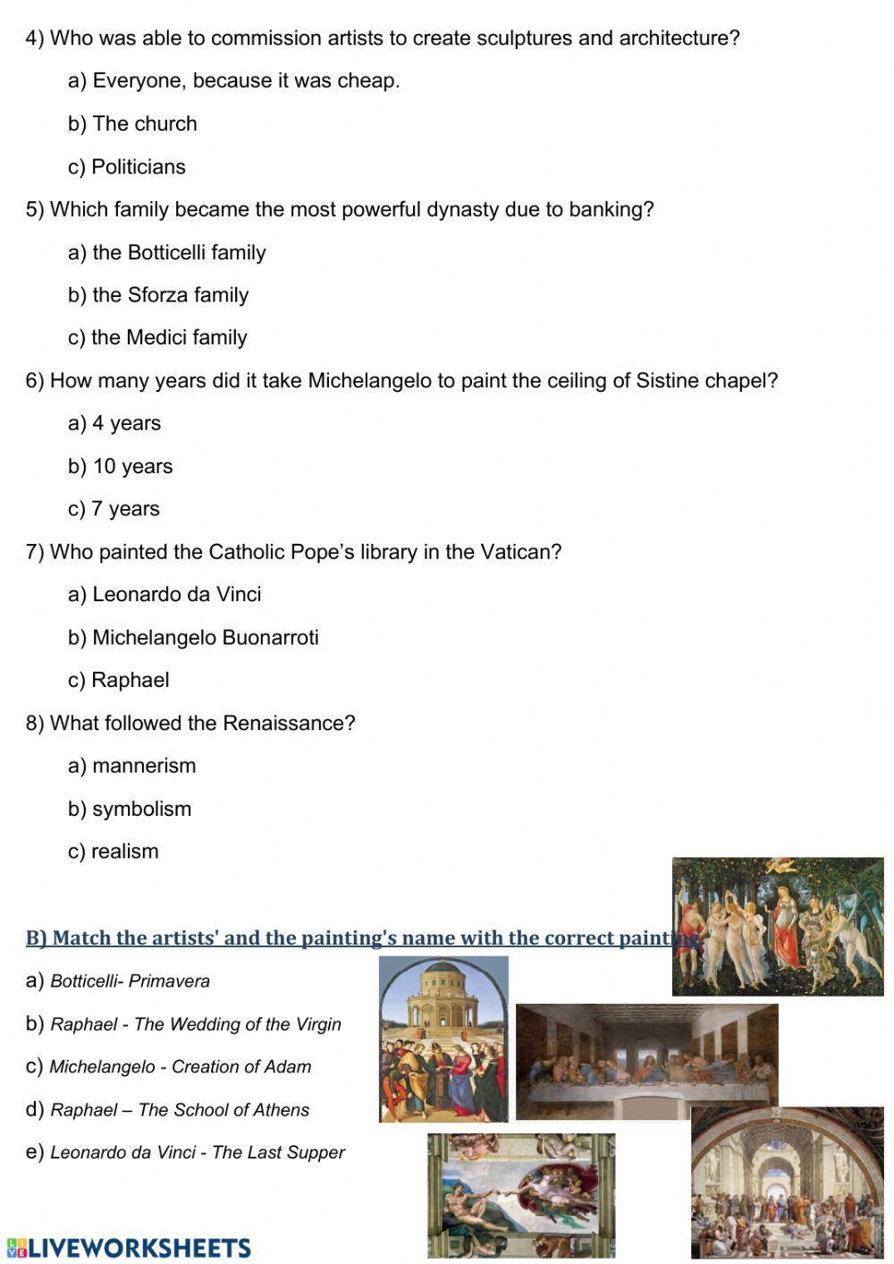 Renaissance arts and artists worksheet | Live Worksheets