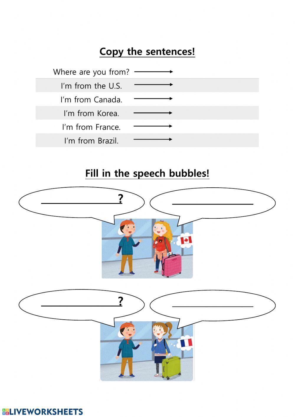 5th grade EFL worksheet: Where are you from?