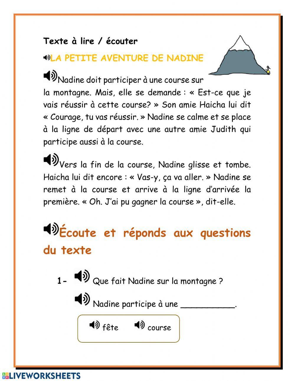Petit texte à lire -écouter et répondre aux questions de compréhension