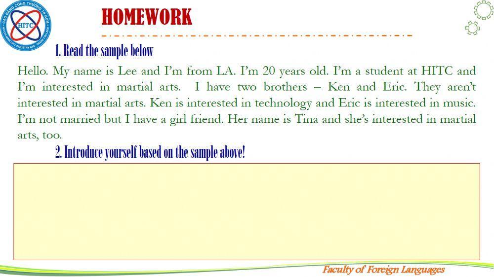 English 1 - Unit 1. Extra 9. Speaking. INTRODUCE YOURSELF