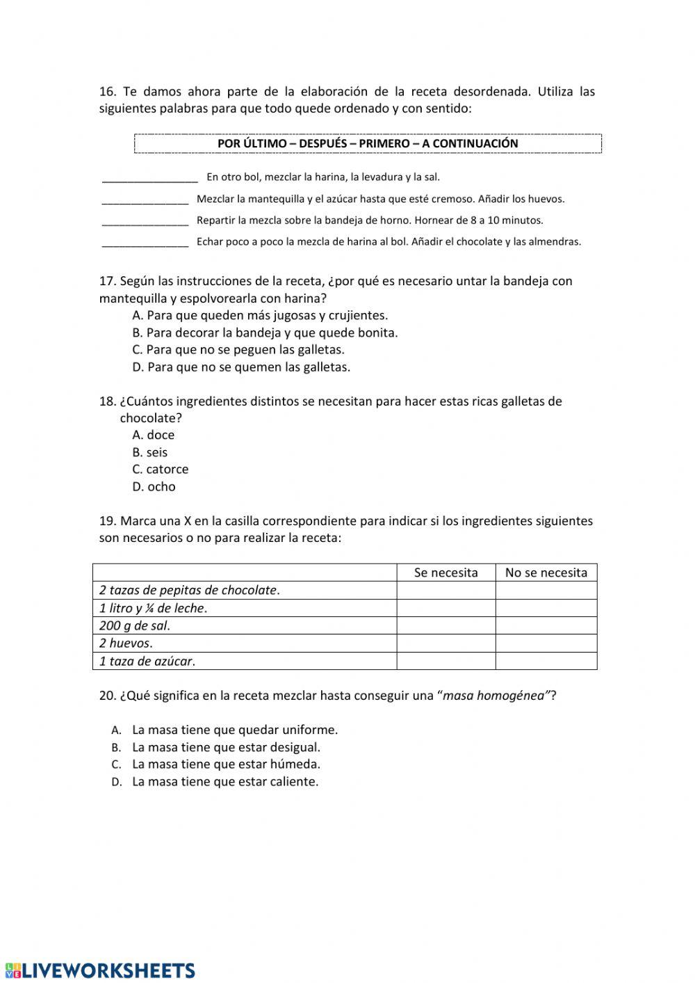 Compresión lectora: Una dulce receta