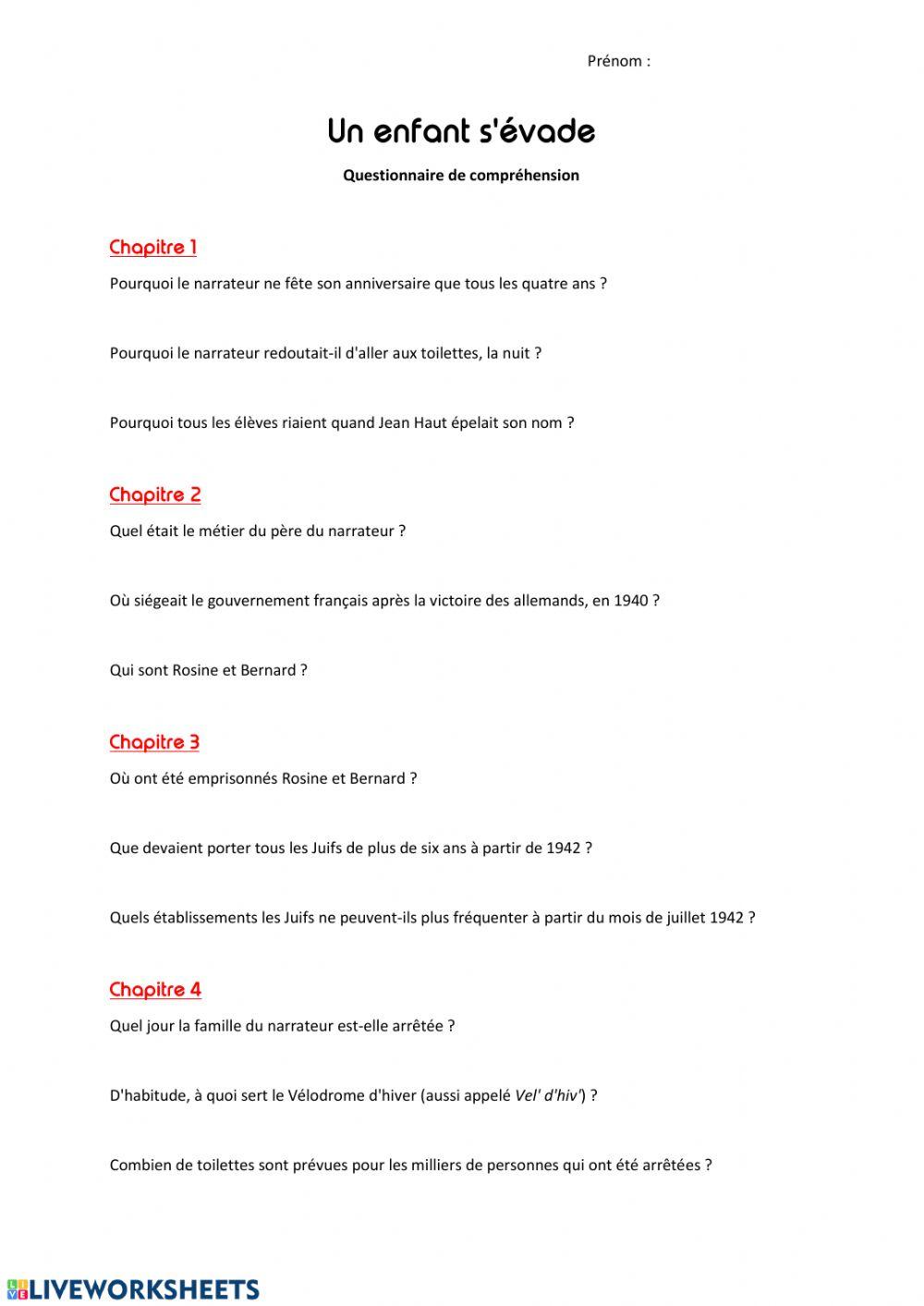 Un enfant s'évade - questions de compréhension