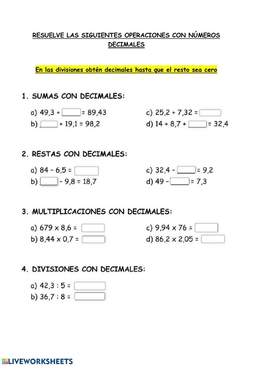 Operaciones con nº decimales