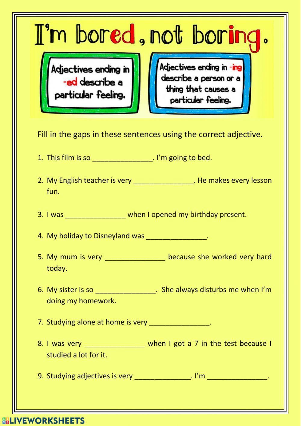 Ing worksheet. Прилагательные ed ing. Прилагательные ed ing Worksheets. Прилагательные ed ing упражнения. Упражнение на ing и ed в английском.