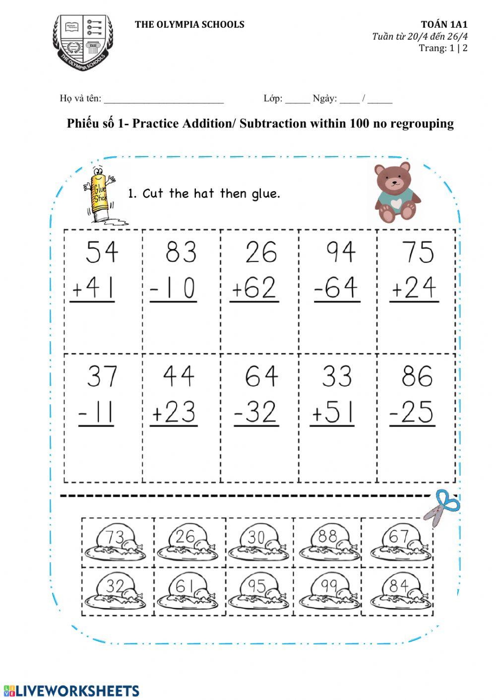 Practice Additon -Subtraction within 100 no regrouping